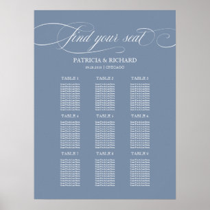 9 Tafels Trouw Stoelen Plattegrond Bord Stof Blauw Poster