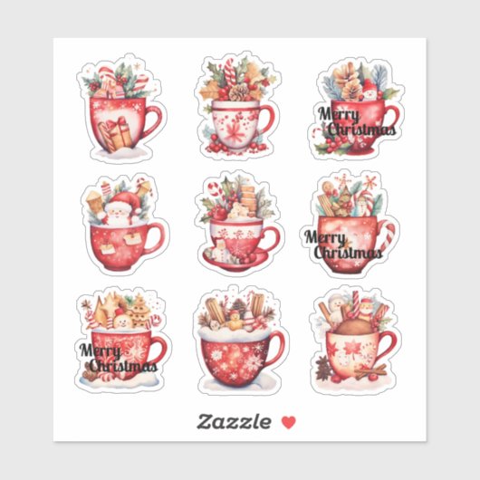9 Tasses de Noël Autocollant Vinyle Découpe sur Me (Feuille)