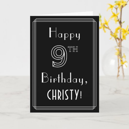 9de verjaardag: Art Deco Style # 9 & Custom Name Kaart (Gele Bloem)