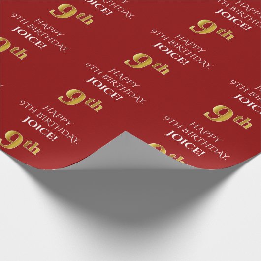 9de verjaardag: Elegant, rood, Faux Gold look Cadeaupapier (Hoek)