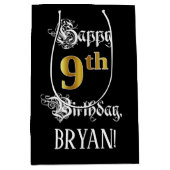 9de verjaardag ~ Fancy script; Faux Gold Kijk; naa Medium Cadeauzakje (Voorkant)