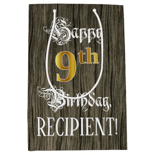 9de verjaardag: Faux Gold look & Faux Wood Pattern Medium Cadeauzakje (Voorkant)