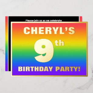 9de verjaardag: Fun, kleurrijk regenboogpatroon Folie Uitnodiging