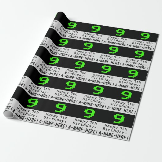 9de verjaardag - Nerdy / Geeky Style "9" en naam Cadeaupapier (Uitgerold)