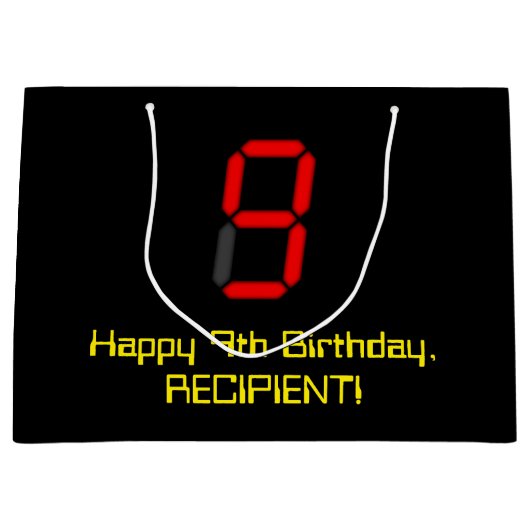 9de verjaardag: Red Digital Clock Style "9" + naam Groot Cadeauzakje (Voorkant)