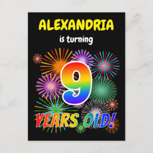 9de verjaardag - vuurwerk, regenboogblik "9" briefkaart