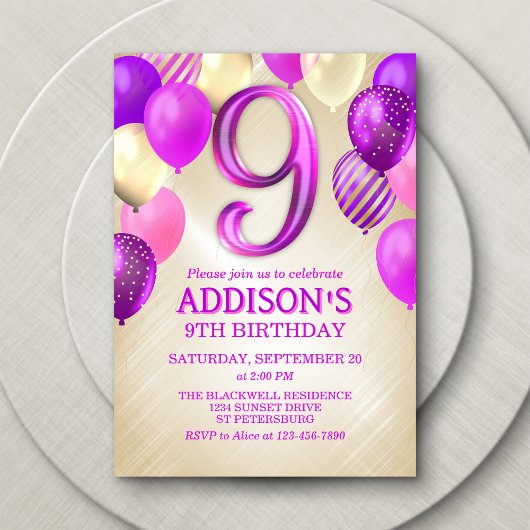 9e anniversaire Ballons roses Invitation