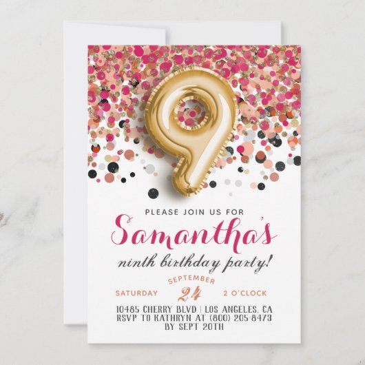 9e anniversaire Confetti Invitation (Devant)