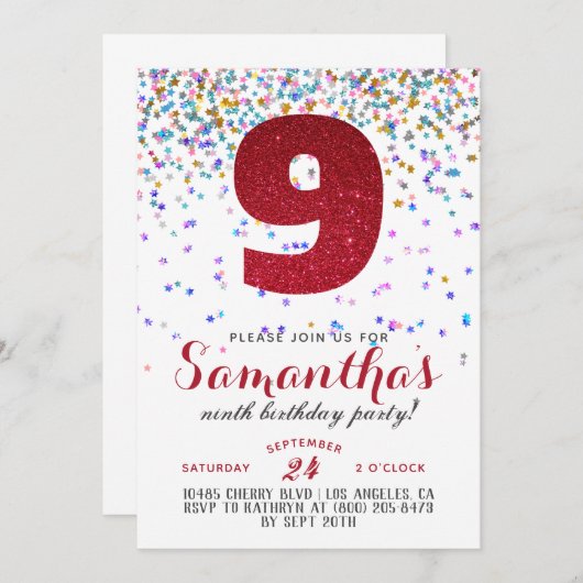 9e anniversaire Confetti Invitation (Devant / Derrière)