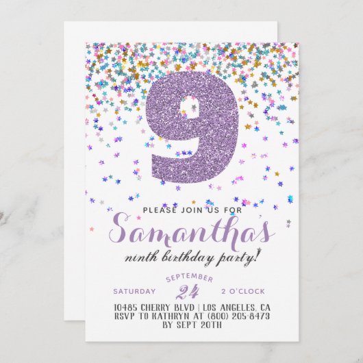 9e anniversaire Confetti Invitation (Devant / Derrière)