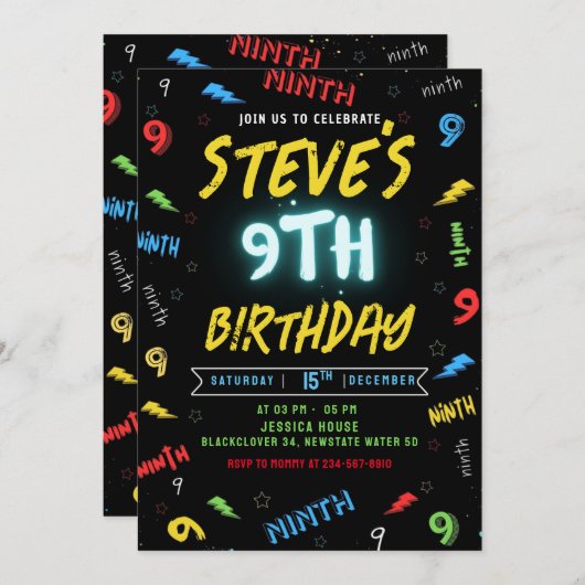 9e anniversaire Invitation fête (Devant / Derrière)