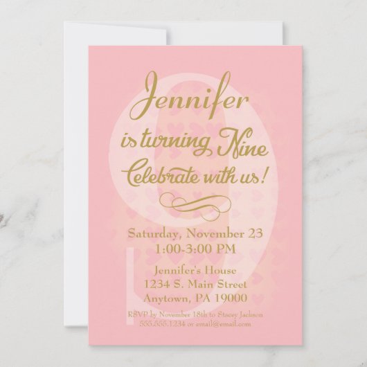 9e anniversaire Invitation Filles Coeurs d'or rose (Devant)