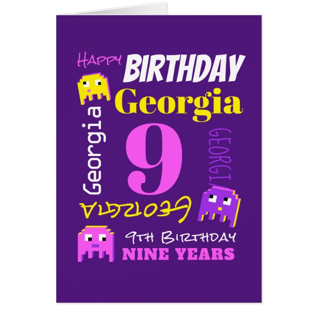 9e anniversaire nom personnalisé jaune rose pixel  (Devant)