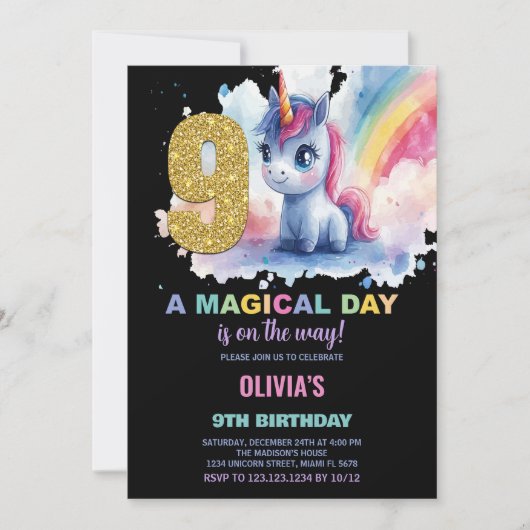 9e anniversaire Unicorn Anniversaire Invitations (Devant)