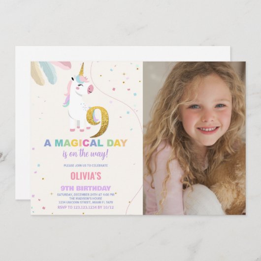 9e anniversaire Unicorn Anniversaire Invitations a (Devant / Derrière)