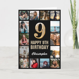 9e Happy Birthday Black en Gold Photo Collage Kaart