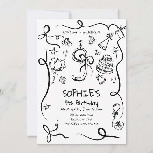 9e Invitation d'anniversaire, main tirée 9e Annive (Devant)