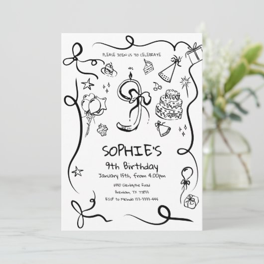 9e Invitation d'anniversaire, main tirée 9e Annive (Debout devant)