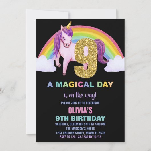 9e Rainbow Unicorn Anniversaire Invitations Partie (Devant)