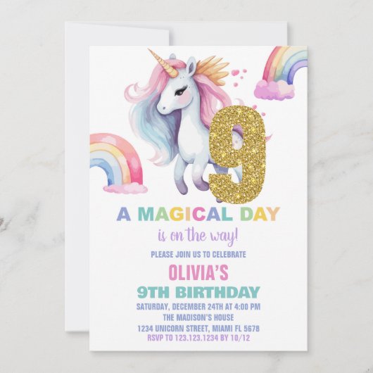 9e Rainbow Unicorn Anniversaire Invitations Partie (Devant)