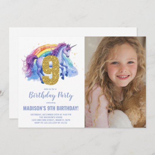 9e Rainbow Unicorn Birthday Invitations photo (Devant / Derrière)