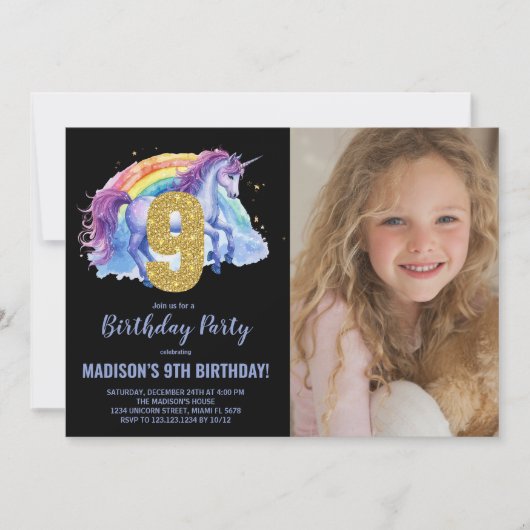 9e Rainbow Unicorn Birthday Invitations photo (Devant)
