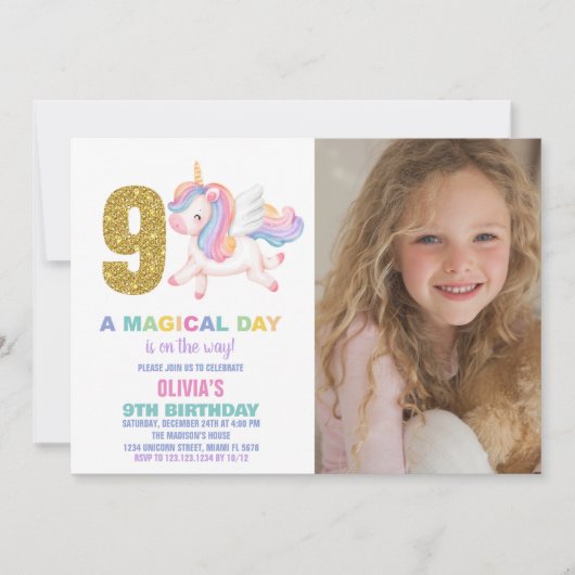9e Rainbow Unicorn Invitations Anniversaire avec p (Devant)