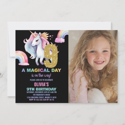 9e Rainbow Unicorn Invitations Anniversaire avec p (Devant)