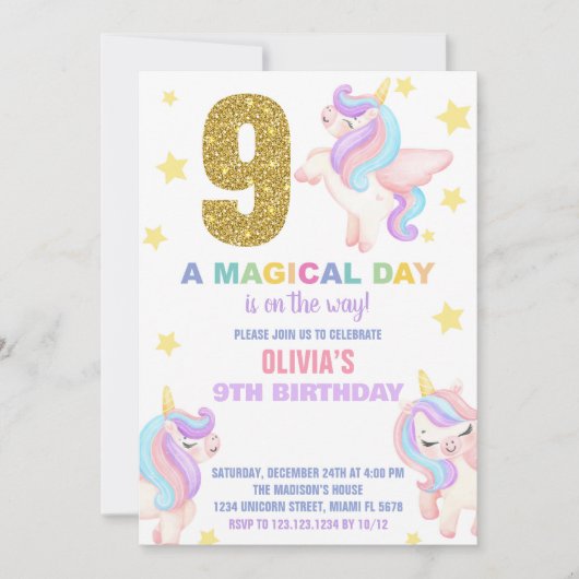 9e Rainbow Unicorn Invitations Anniversaire Vol (Devant)
