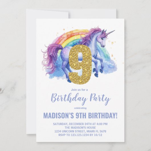 9e Rainbow Unicorn Invitations d'anniversaire (Devant)