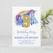 9e Rainbow Unicorn Invitations d'anniversaire (Debout devant)