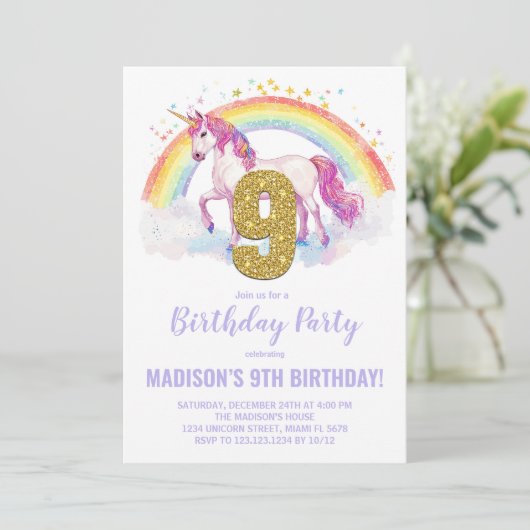 9e Rainbow Unicorn Invitations d'anniversaire (Debout devant)