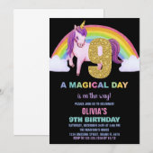 9e Rainbow Unicorn Verjaardag Uitnodigingen Glitte (Voorkant / Achterkant)