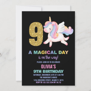 9e Rainbow Unicorn Verjaardag Uitnodigingen Zwart