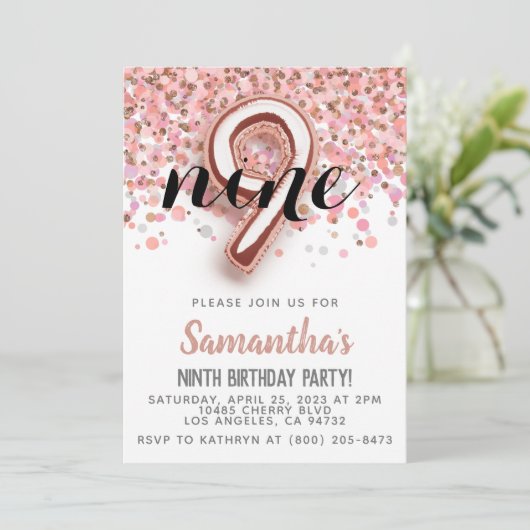 9e Rose Gold Birthday Invitation (Debout devant)
