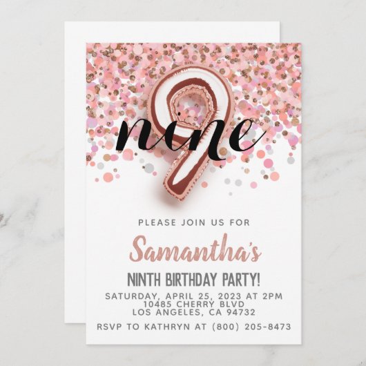 9e Rose Gold Birthday Invitation (Devant / Derrière)