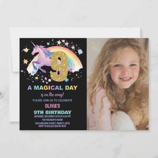 9e Unicorn Invitations d'anniversaire avec photo (Devant)