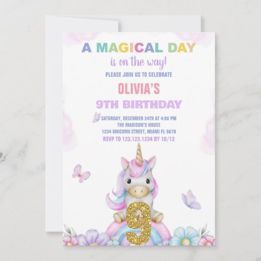 9e Unicorne florale Invitations d'anniversaire (Devant)