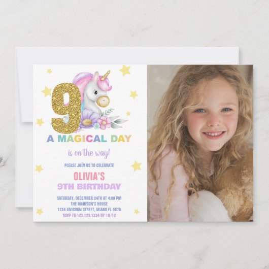 9e Unicorne florale Invitations d'anniversaire ave (Devant)