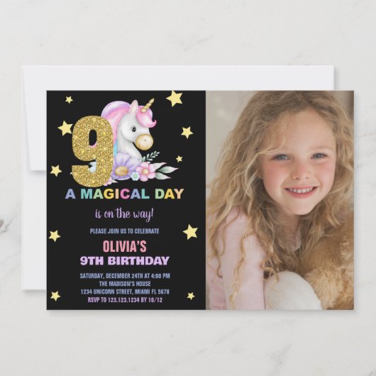 9e Unicorne Florale Invitations d'anniversaire ave (Devant)