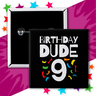 9e verjaardag 9 jaar oud jongensfeestje verjaardag vierkante button 5,1 cm