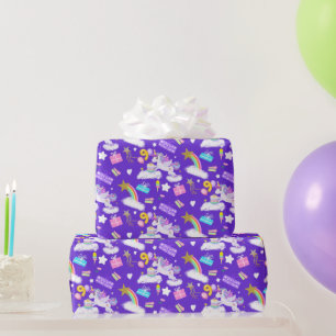 9e Verjaardag Eenhoorn Patroon Donker Paarse Cadeaupapier