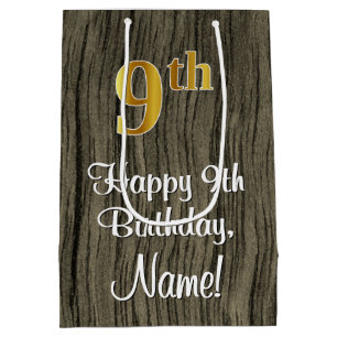9e verjaardag: Elegant Faux Gold Kijk #, Faux Wood Medium Cadeauzakje