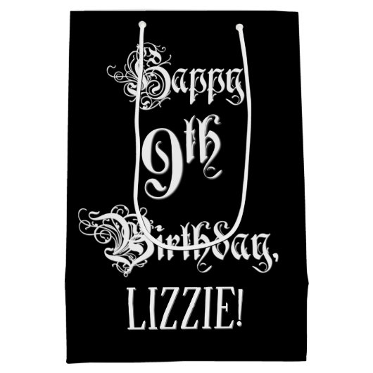 9e verjaardag: Fancy, elegant script + aangepaste Medium Cadeauzakje (Achterkant)