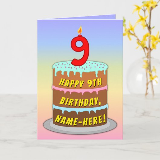 9e verjaardag — Fun Cake & Candle, met aangepaste  Kaart (Gele Bloem)