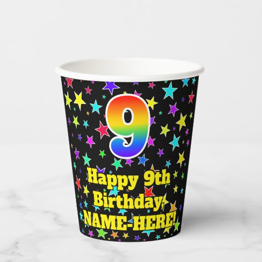 9e verjaardag: Fun Stars Pattern en Rainbow 9 Papieren Bekers (Voorkant)