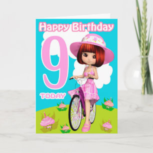 9e verjaardag Kaart meisje op de fiets
