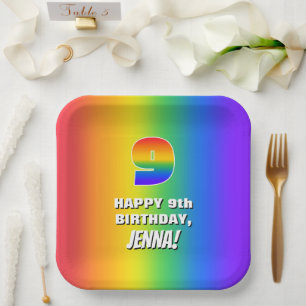 9e verjaardag: kleurrijk, vun regenboogpatroon # 9 papieren bordje