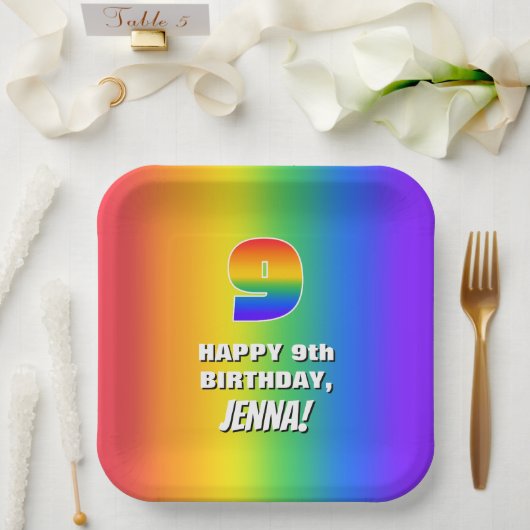 9e verjaardag: kleurrijk, vun regenboogpatroon # 9 papieren bordje (Huwelijk)