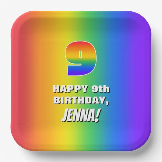 9e verjaardag: kleurrijk, vun regenboogpatroon # 9 papieren bordje (Voorkant)